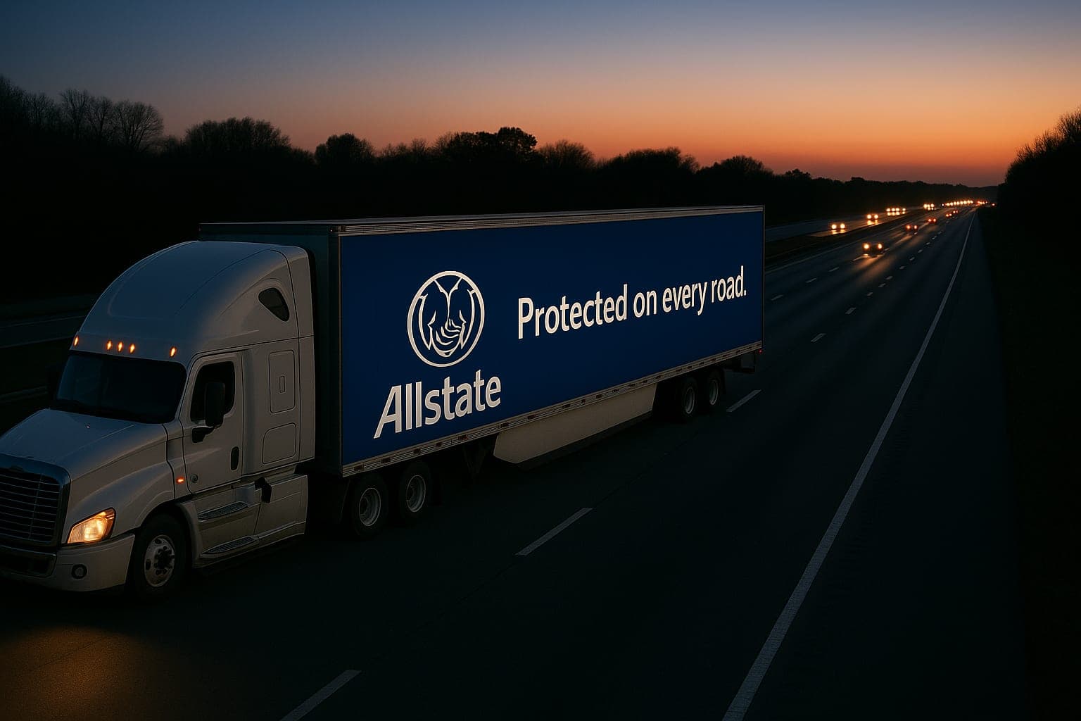 A 53-foot trailer at dusk carrying an Allstate campaign banner.