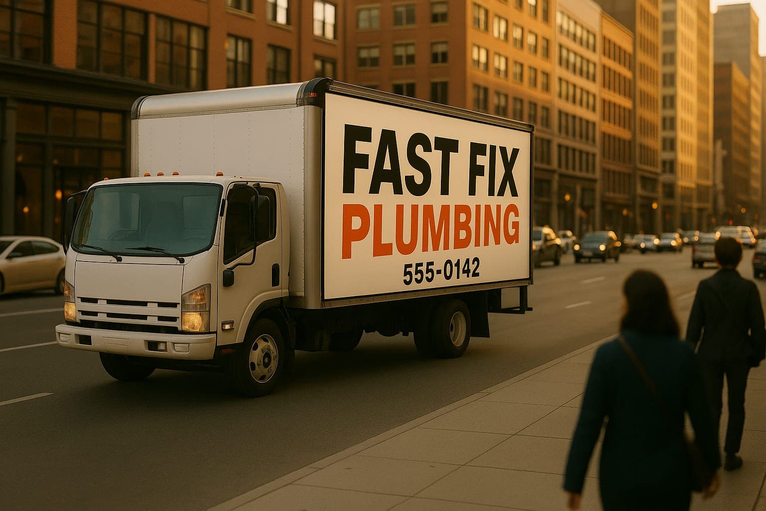 A box truck on a city street carrying a sample plumbing ad.