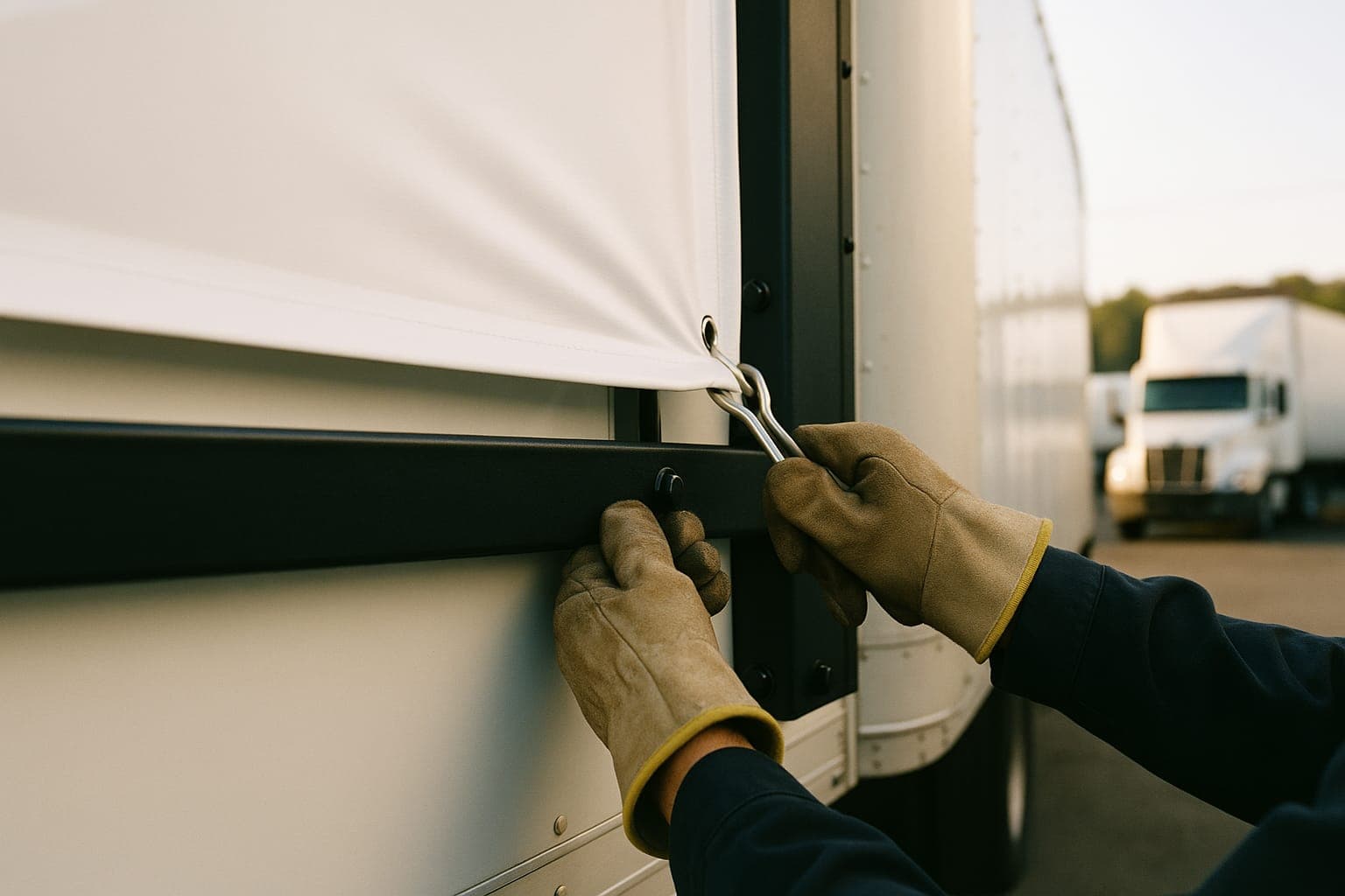 Gloved hands hooking the corner of a white banner into a black aluminum frame bolted to the side of a white truck, with semi trucks parked in the yard behind.