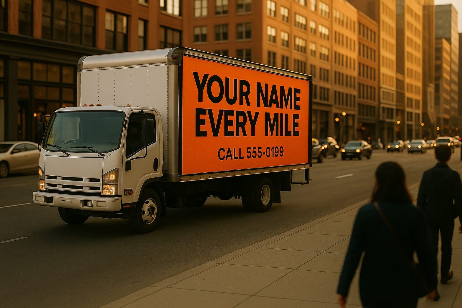 A white box truck on a downtown street at golden hour with an orange side banner that reads Your Name Every Mile, Call 555-0199, as two people walk by on the sidewalk.
