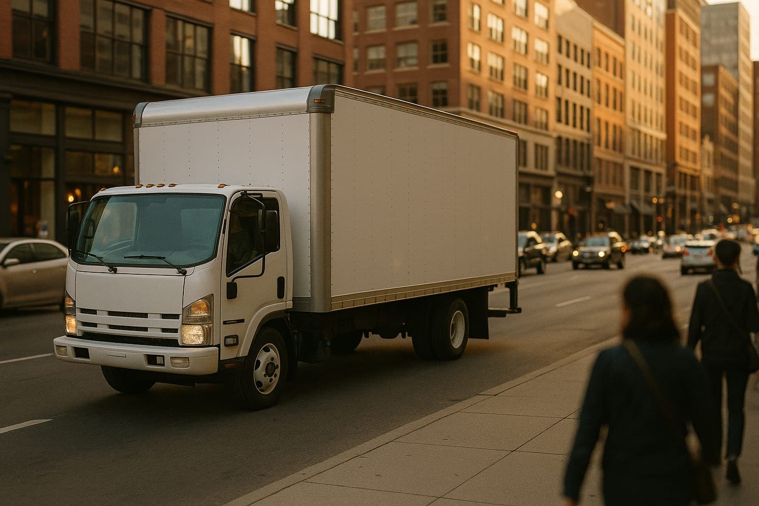A white box truck with a blank side panel driving down a downtown street at golden hour, with two people walking on the sidewalk in the foreground.