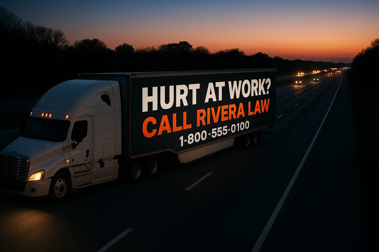 A 53-foot trailer at dusk carrying a sample ad for a fictional law firm.