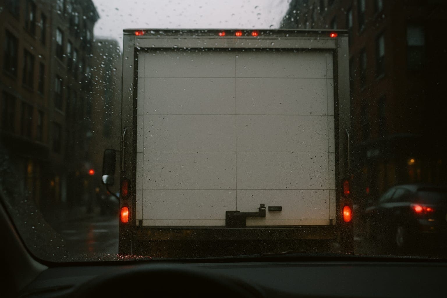 View through a rain-spotted windshield of the back of a white box truck stopped on a city street between brick buildings.