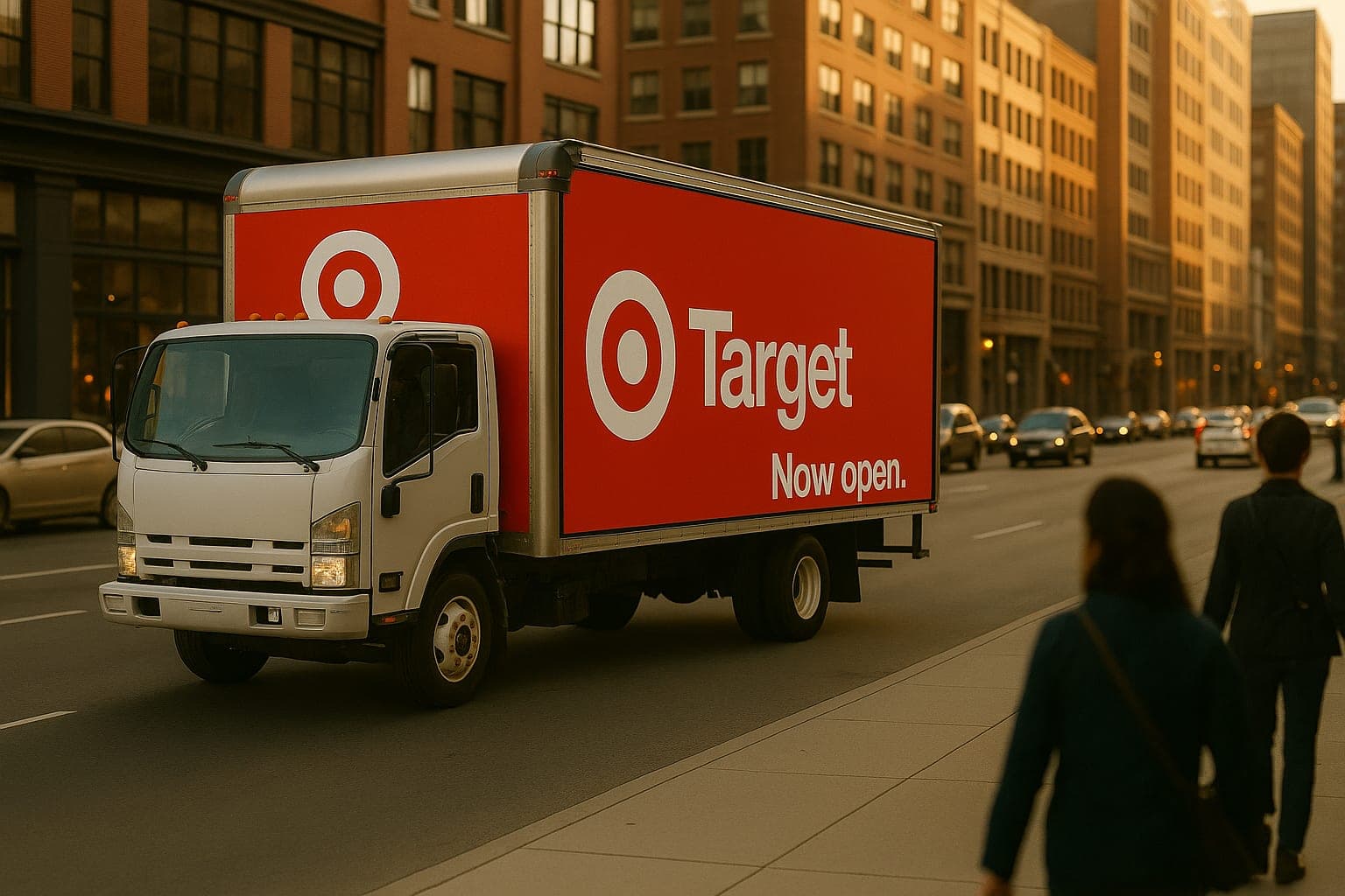 A box truck on a city street carrying a Target campaign banner.