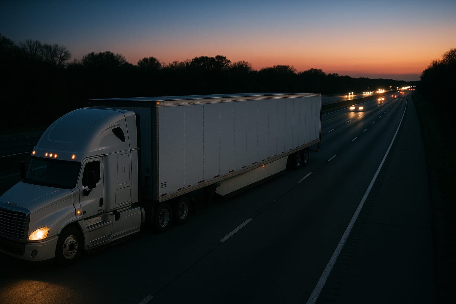 A white semi truck pulling a plain 53-foot trailer along a divided interstate at dusk, headlights on, with traffic in the distance.