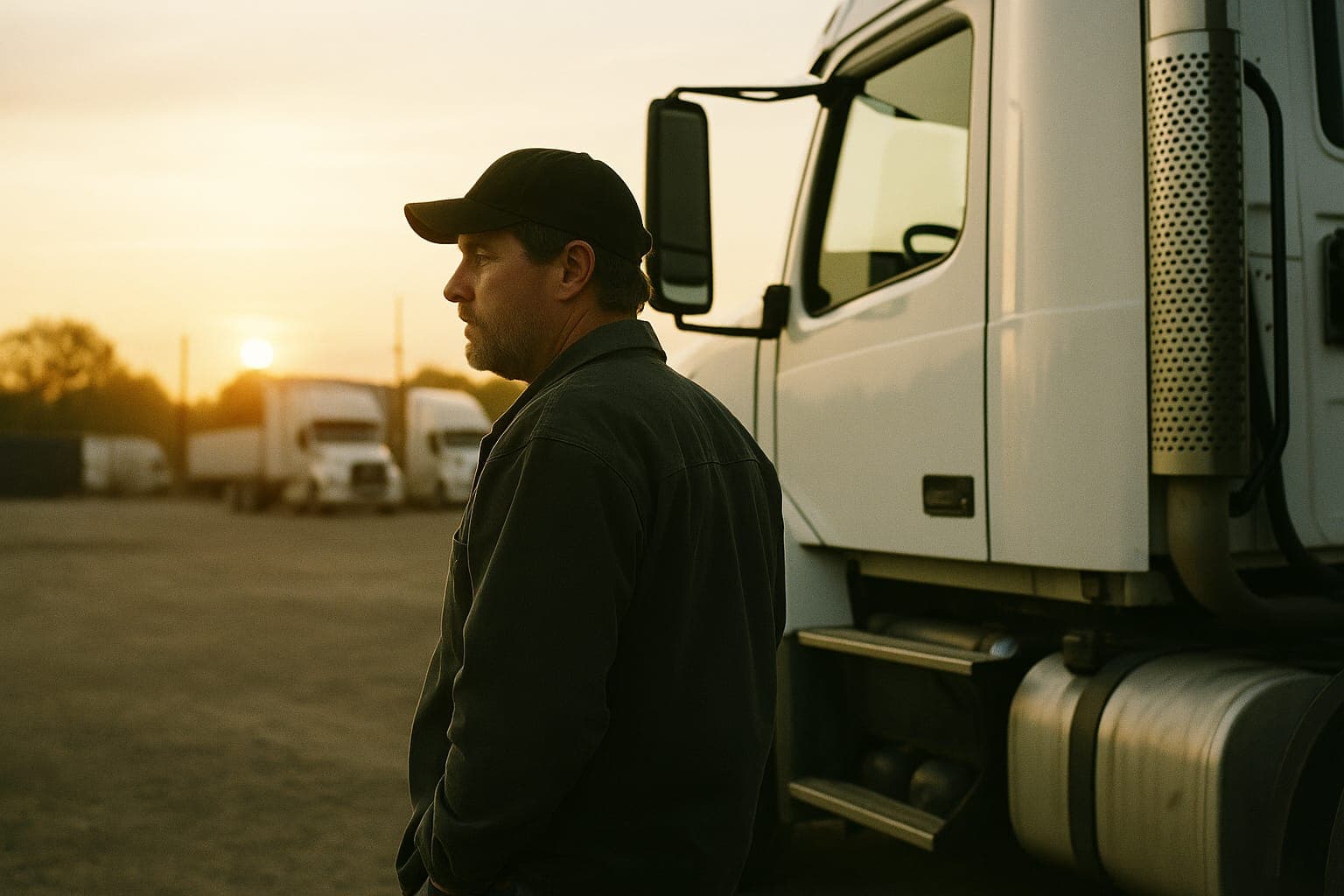 A trucker in a ball cap standing beside a white truck cab in a gravel yard at sunrise, with box trucks parked behind him.